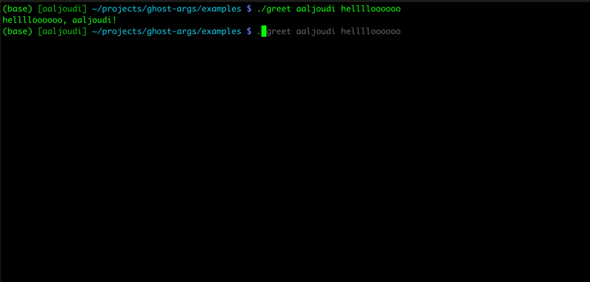 Ghost Args showing inline argument hints while typing script commands in Zsh